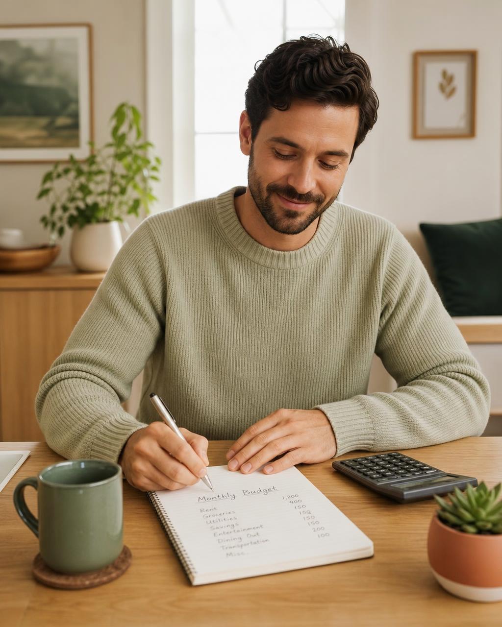 Persona sonriente escribiendo su presupuesto mensual en una libreta, con una calculadora y una taza de café sobre una mesa de madera