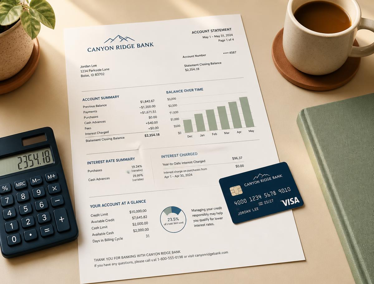 Estado de cuenta con gráficas de barras junto a una tarjeta de crédito, una calculadora y una taza de café, símbolo de entender el crédito y las tasas
