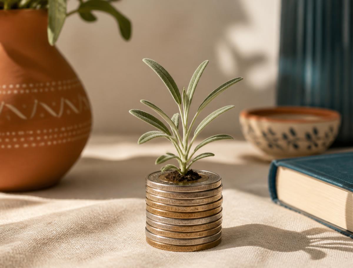 Planta de salvia creciendo sobre una pila de monedas junto a un libro azul y cerámica artesanal, símbolo de inversión y crecimiento a largo plazo